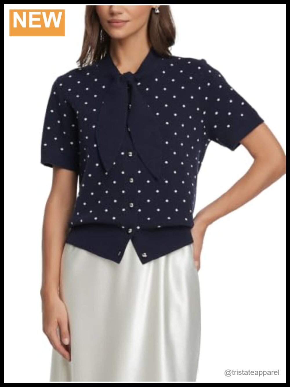 D-Sun Women Tie Neck Cardigan Sweater Short Sleeves Work Office Knit Top